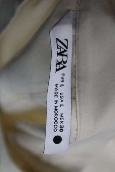 Zara Women Basic Silk Mock Neck Button Up Blouse Beige Long Sleeve Size L
