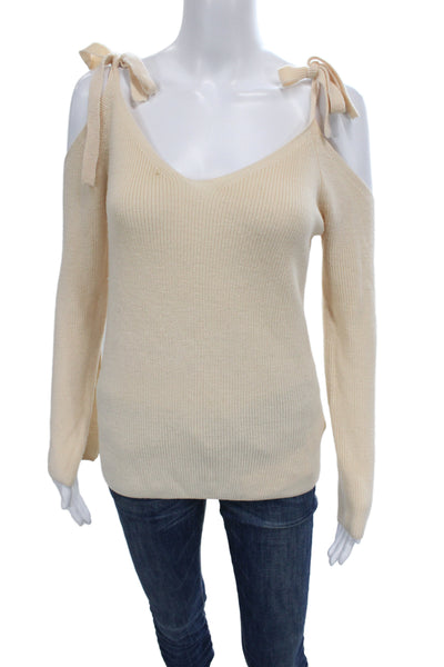 Club Monaco Women Pullover Sweater Beige V Neck Merino Silk Long Sleeve Size XS