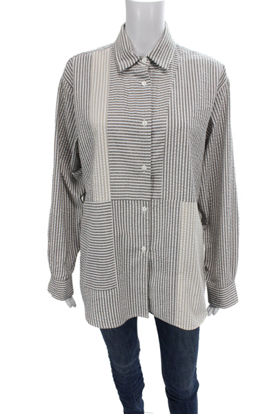 Kimberly Taylor Women Gray Linen Striped Button Up Long Sleeve Top Size M