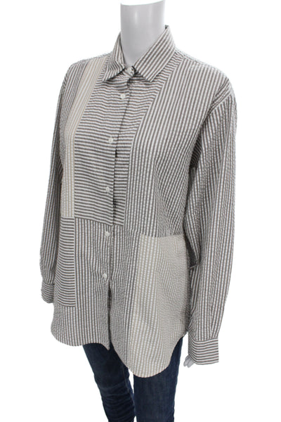 Kimberly Taylor Women Gray Linen Striped Button Up Long Sleeve Top Size M