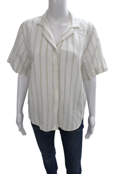 Uniqlo Womens Striped Collared Rayon Short Sleeve Button-Up Top Beige Size M