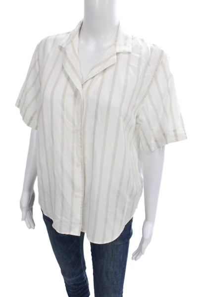 Uniqlo Womens Striped Collared Rayon Short Sleeve Button-Up Top Beige Size M