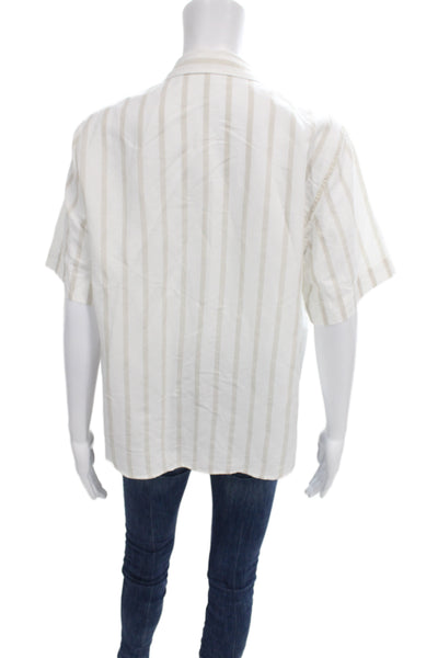 Uniqlo Womens Striped Collared Rayon Short Sleeve Button-Up Top Beige Size M