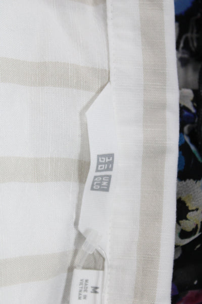 Uniqlo Womens Striped Collared Rayon Short Sleeve Button-Up Top Beige Size M