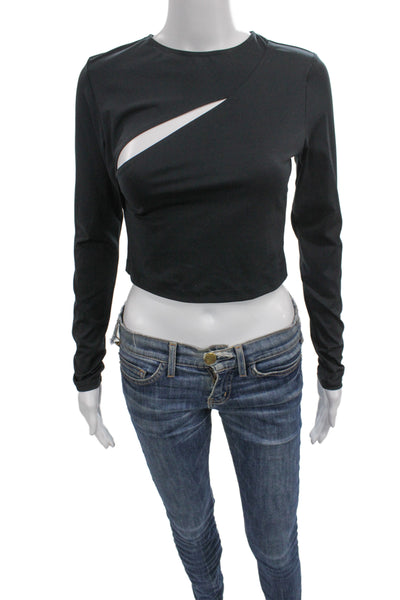 A.L.C. Womens Designer Cropped Black Top Nylon Elastane Crew Neck Button Size S