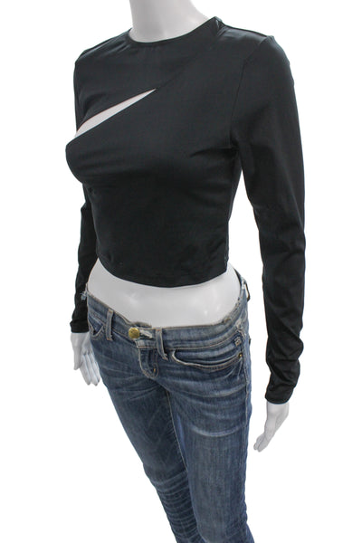 A.L.C. Womens Designer Cropped Black Top Nylon Elastane Crew Neck Button Size S