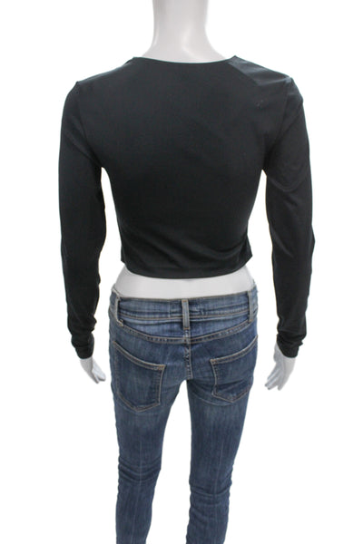A.L.C. Womens Designer Cropped Black Top Nylon Elastane Crew Neck Button Size S
