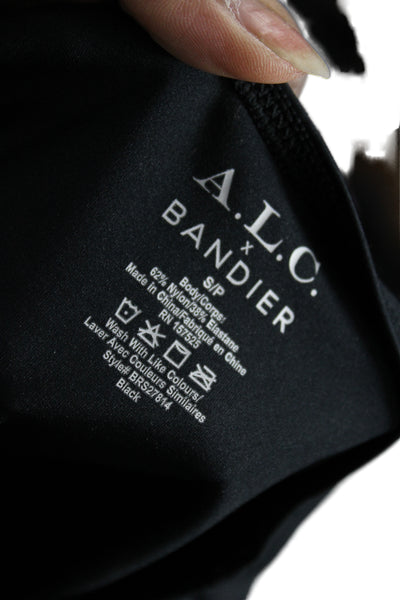 A.L.C. Womens Designer Cropped Black Top Nylon Elastane Crew Neck Button Size S