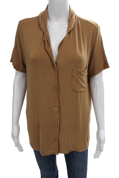Skims Womens Basic Collared Button-Up Top Brown Short Sleeve Size M