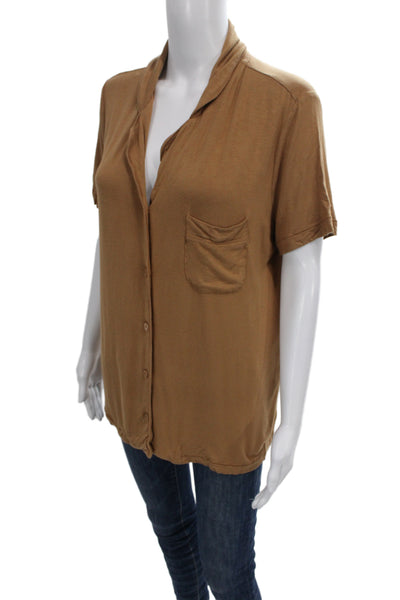 Skims Womens Basic Collared Button-Up Top Brown Short Sleeve Size M