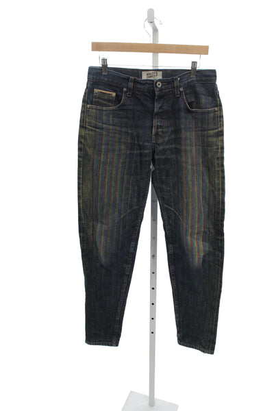 Naked & Famous Mens Tapered Jeans Dark Blue Striped Button Fly Cotton Size 31