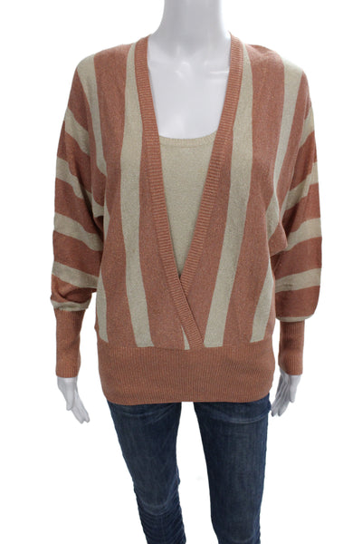 BCBGMAXAZRIA Womens Cardigan Beige Striped V-Neck Long Sleeve Size L