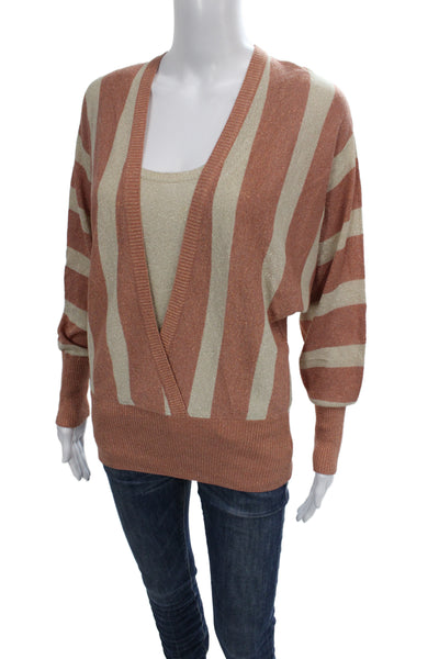 BCBGMAXAZRIA Womens Cardigan Beige Striped V-Neck Long Sleeve Size L