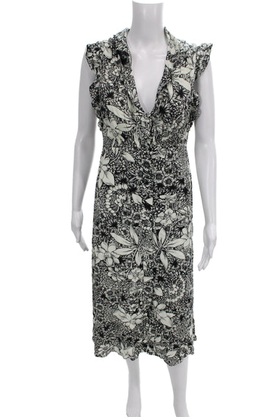 Taylor Women Fit & Flare Dress Black Floral V Neck Mid Calf Cotton Wool Size 8