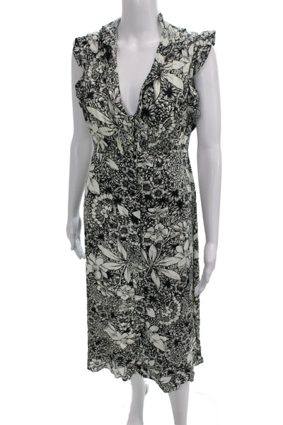 Taylor Women Fit & Flare Dress Black Floral V Neck Mid Calf Cotton Wool Size 8