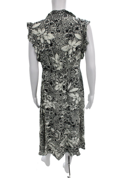 Taylor Women Fit & Flare Dress Black Floral V Neck Mid Calf Cotton Wool Size 8