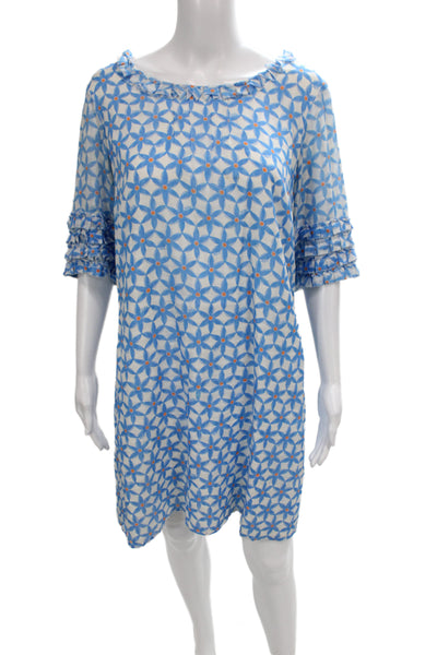 Lilly Pulitzer Women Shift Dress Blue Geometric 3/4 Sleeve Mid-Calf Size 10