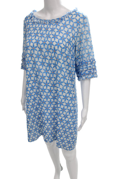 Lilly Pulitzer Women Shift Dress Blue Geometric 3/4 Sleeve Mid-Calf Size 10