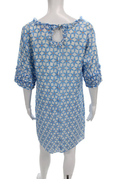 Lilly Pulitzer Women Shift Dress Blue Geometric 3/4 Sleeve Mid-Calf Size 10
