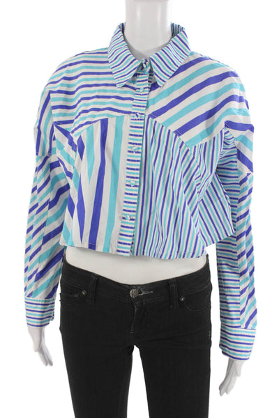 Solid & Striped Women Cropped Striped Cotton Collared Button-Up Top Blue Size S