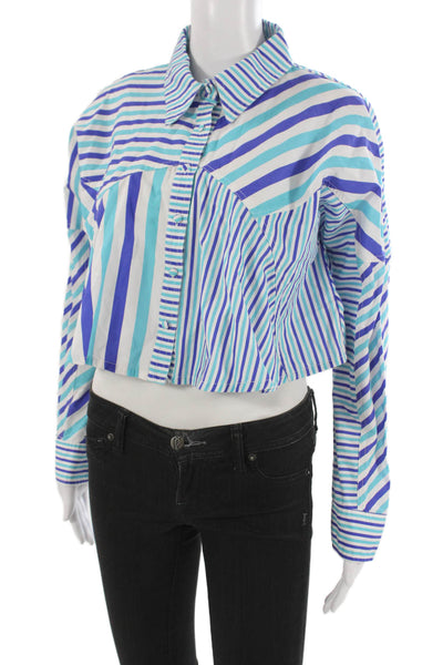 Solid & Striped Women Cropped Striped Cotton Collared Button-Up Top Blue Size S