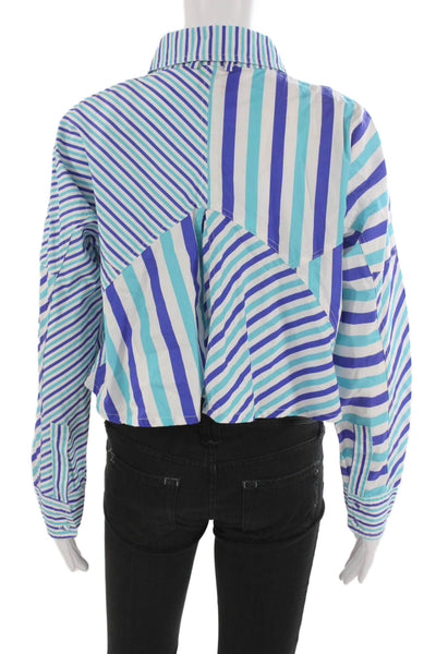 Solid & Striped Women Cropped Striped Cotton Collared Button-Up Top Blue Size S