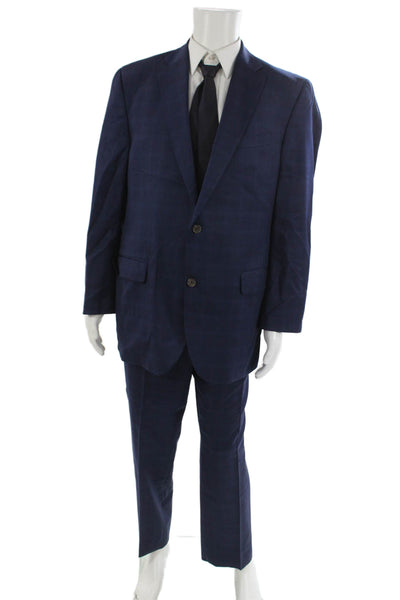 Jack Victor Mens Dark Blue Plaid 2 Piece Wool Suit Big & Tall Size 44