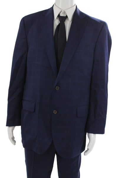 Jack Victor Mens Dark Blue Plaid 2 Piece Wool Suit Big & Tall Size 44