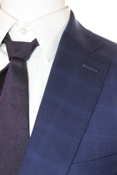 Jack Victor Mens Dark Blue Plaid 2 Piece Wool Suit Big & Tall Size 44