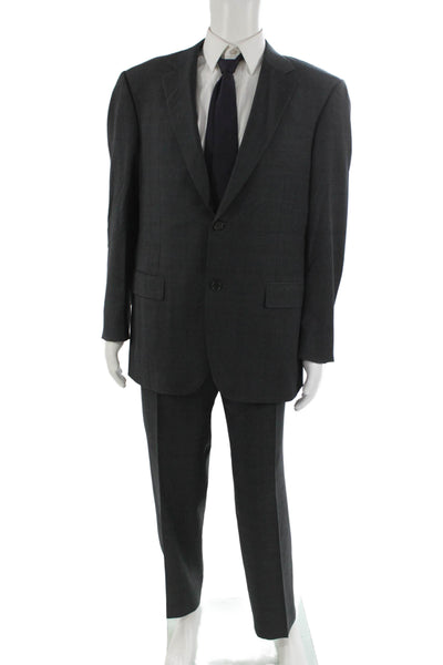 Canali Mens Dark Gray Check 2 Piece Suit Button Collared Cupro Size 56