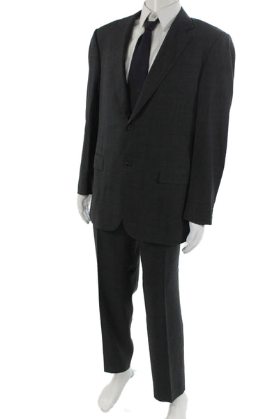 Canali Mens Dark Gray Check 2 Piece Suit Button Collared Cupro Size 56