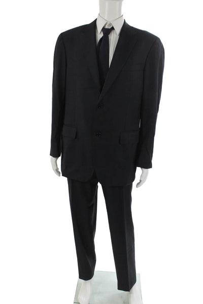 Canali Mens 2 Piece Dark Blue Cupro Suit Button Solid Collared Size 56