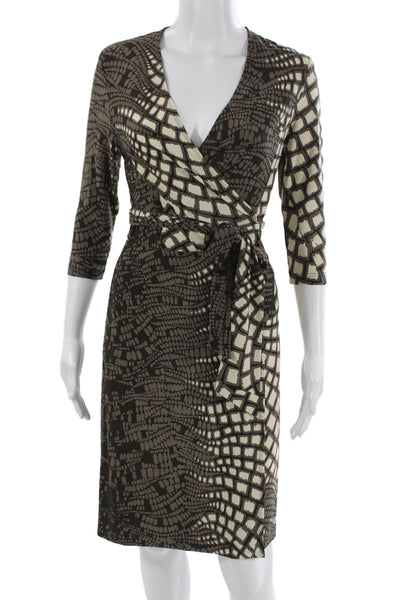 Etcetera Womens Wrap Dress Beige Snake V Neck 3/4 Sleeve Knee Length Tie Size 0