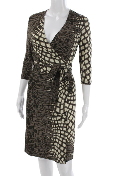 Etcetera Womens Wrap Dress Beige Snake V Neck 3/4 Sleeve Knee Length Tie Size 0