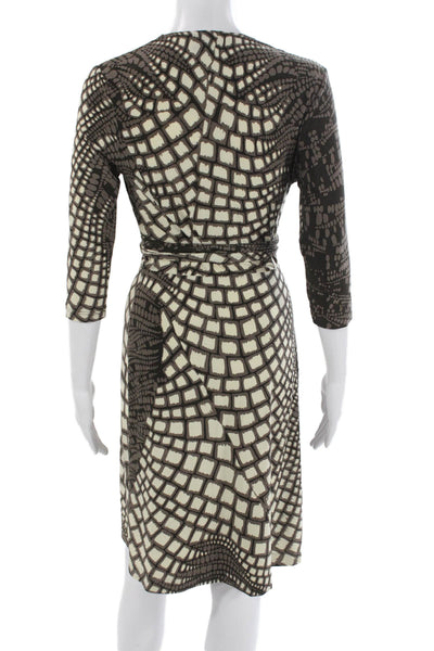 Etcetera Womens Wrap Dress Beige Snake V Neck 3/4 Sleeve Knee Length Tie Size 0