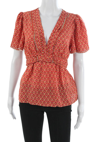 Max Studio Women Red Bohemian Floral V-Neck Short Sleeve Blouse Size M