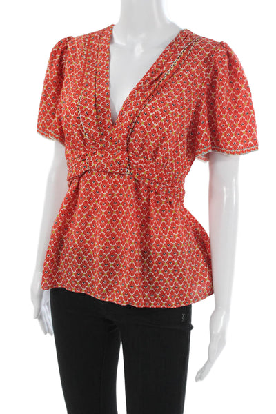 Max Studio Women Red Bohemian Floral V-Neck Short Sleeve Blouse Size M