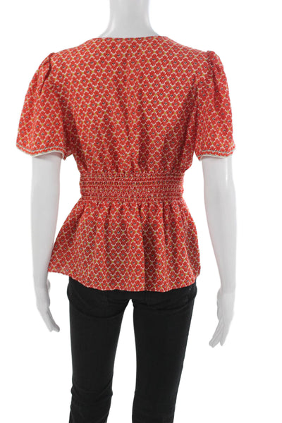Max Studio Women Red Bohemian Floral V-Neck Short Sleeve Blouse Size M