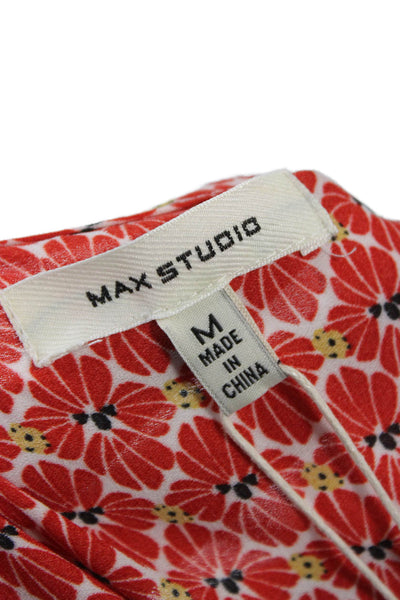 Max Studio Women Red Bohemian Floral V-Neck Short Sleeve Blouse Size M
