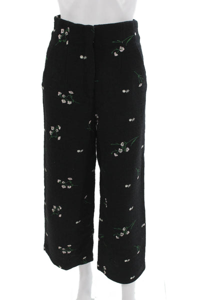 Zara Womens Cropped Black Floral Pants Hook Eye Polyester Size S