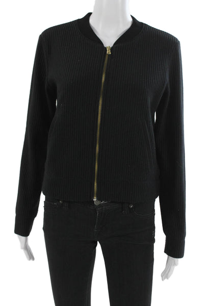 Club Monaco Womens Black Bomber Jacket Zip Crew Neck Long Sleeve Size M