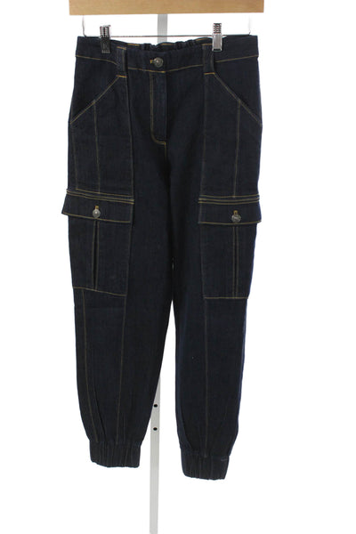 Cinq à Sept Unisex Cargo Jogger Pants Dark Blue High Rise Button Size 28