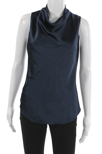 Theory Women Sleeveless Mock Neck Blouse Dark Blue Polyester Size PP