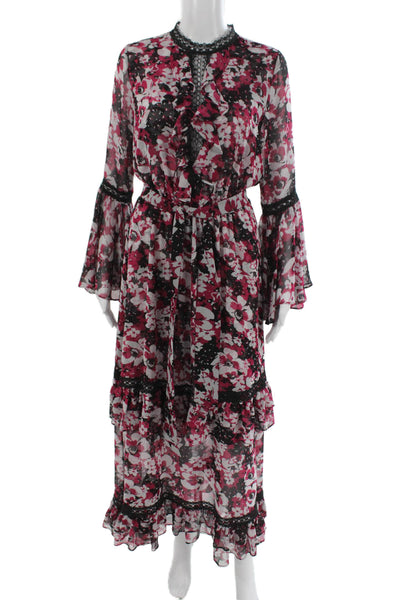 Misa Women Maxi Floral Silk High Neck Long Sleeve Bohemian Dress Size S