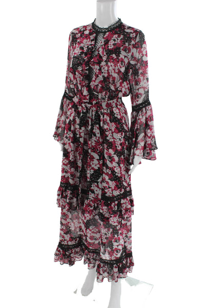 Misa Women Maxi Floral Silk High Neck Long Sleeve Bohemian Dress Size S