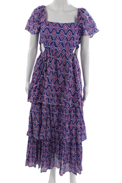 Banjanan Women Maxi Sundress Blue Square Neck Cotton Short Sleeve Size XS