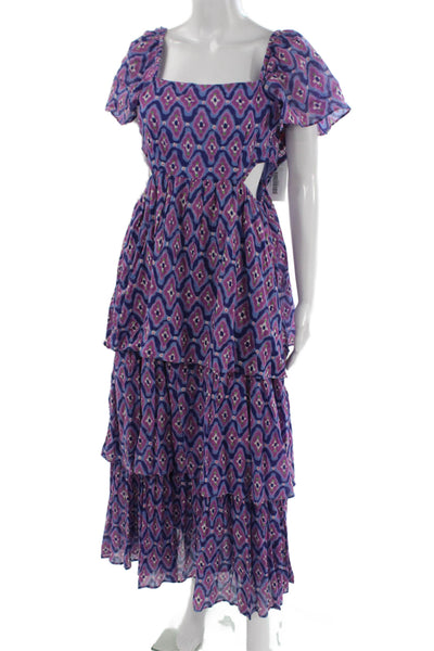 Banjanan Women Maxi Sundress Blue Square Neck Cotton Short Sleeve Size XS
