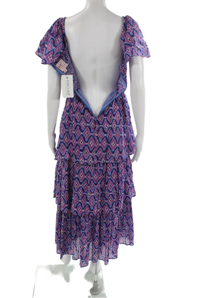 Banjanan Women Maxi Sundress Blue Square Neck Cotton Short Sleeve Size XS