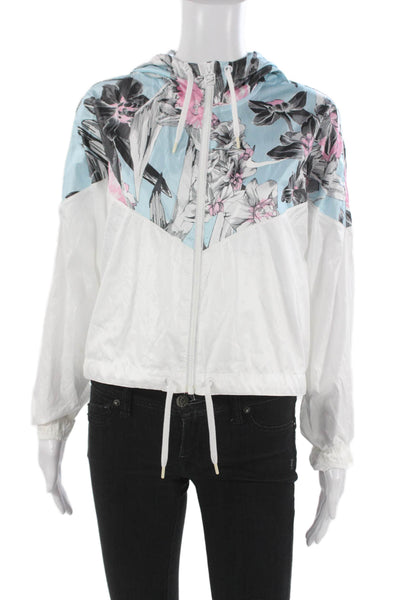 Nike Women Windbreaker Floral White High Neck Drawstring Long Sleeve Size M