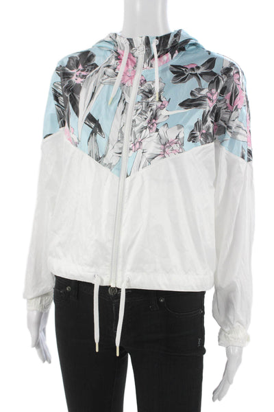 Nike Women Windbreaker Floral White High Neck Drawstring Long Sleeve Size M
